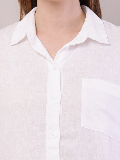 Linen Shirt Collar with Full Sleeve High-Low White Shirt