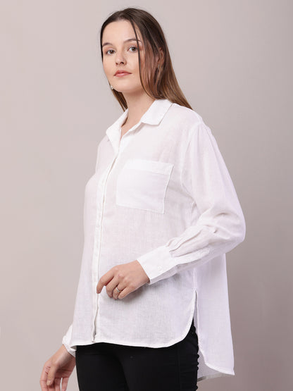 Linen Shirt Collar with Full Sleeve High-Low White Shirt