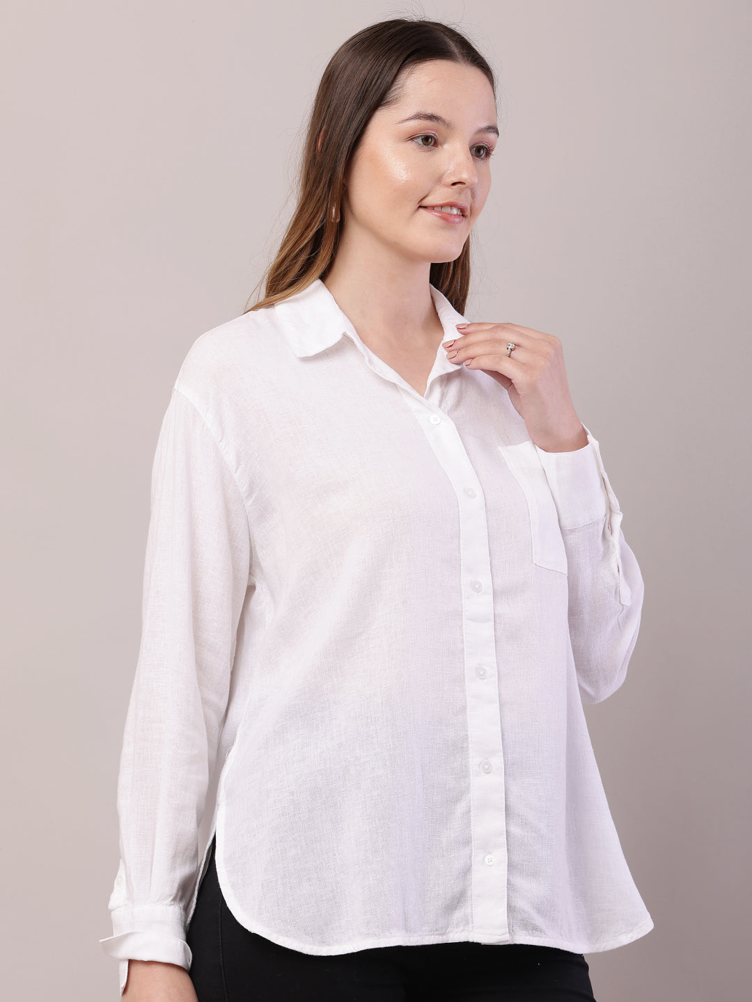 Linen Shirt Collar with Full Sleeve High-Low White Shirt