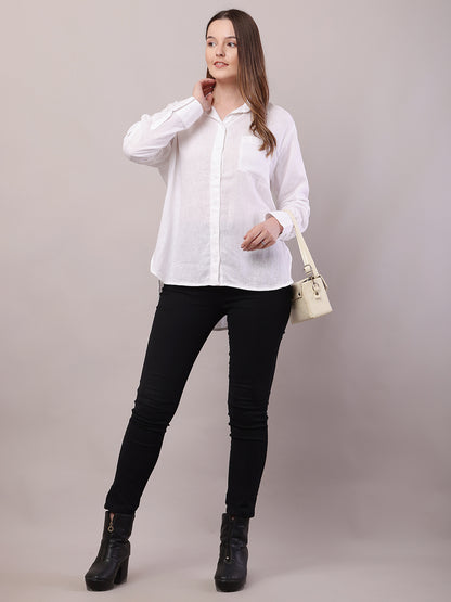 Linen Shirt Collar with Full Sleeve High-Low White Shirt