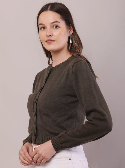 Cotton Full Sleeve with Round Neck Dark Green Cardigan