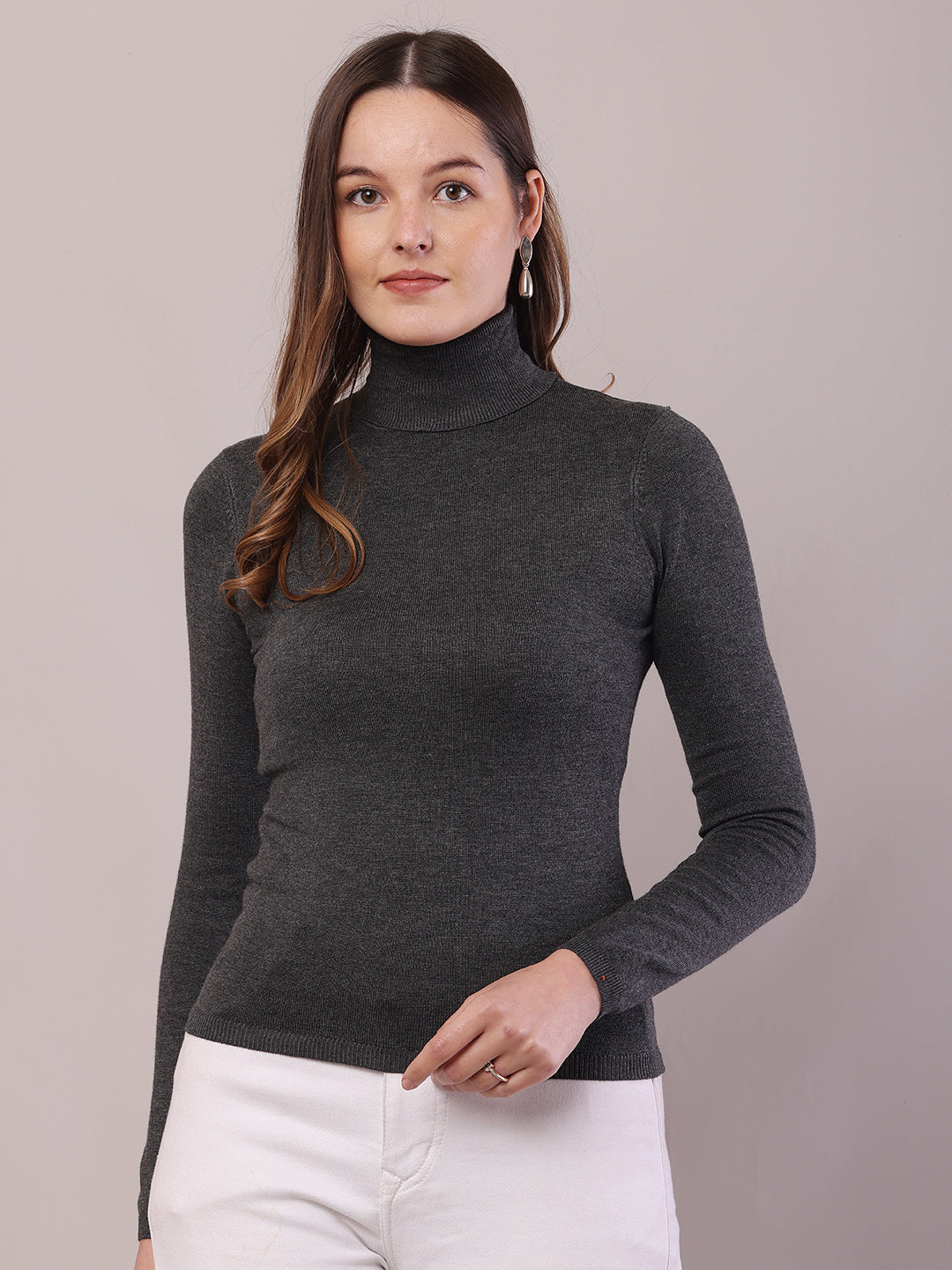 Viscose Full Sleeve with High-Neck Dark Grey Sweater