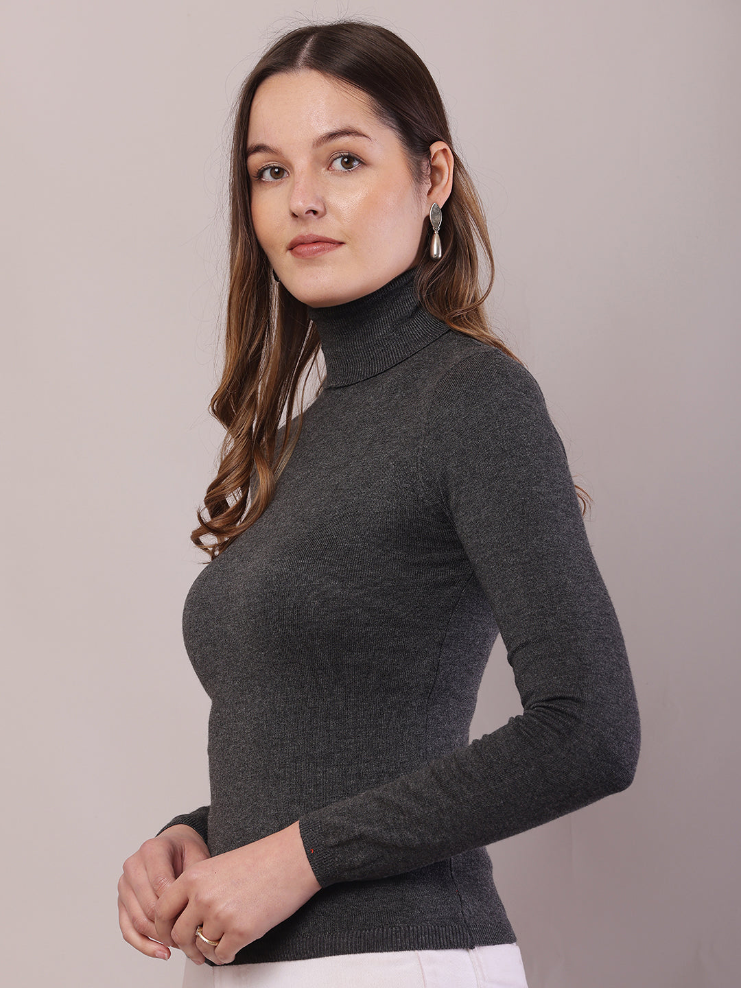 Viscose Full Sleeve with High-Neck Dark Grey Sweater