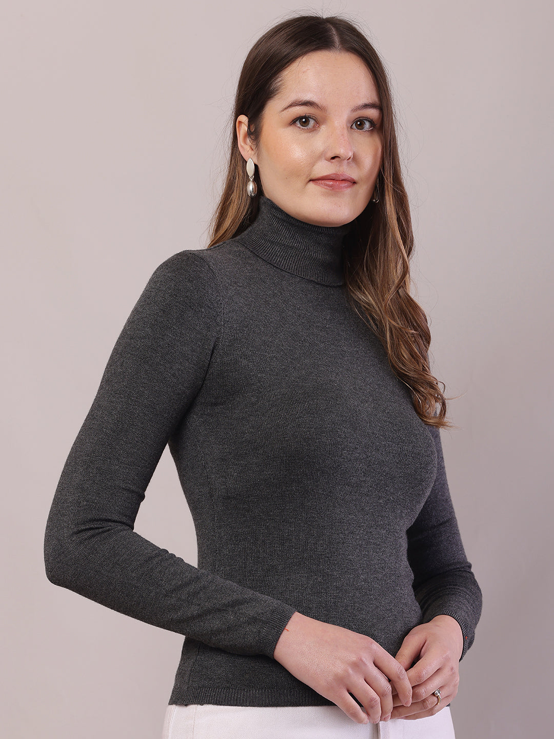 Viscose Full Sleeve with High-Neck Dark Grey Sweater