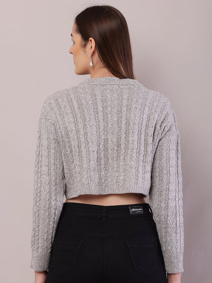 Acrylic Full Sleeve with Round Neck Light Grey Crop Sweater