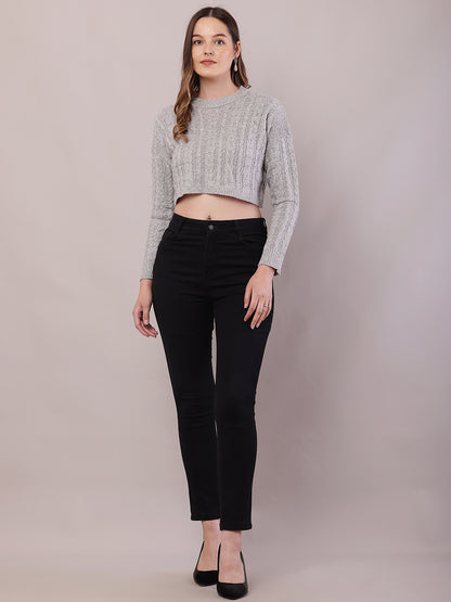 Acrylic Full Sleeve with Round Neck Light Grey Crop Sweater