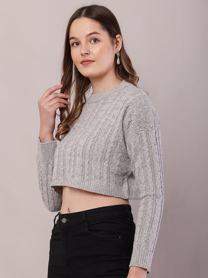 Acrylic Full Sleeve with Round Neck Light Grey Crop Sweater