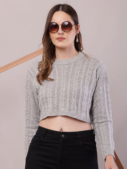 Acrylic Full Sleeve with Round Neck Light Grey Crop Sweater