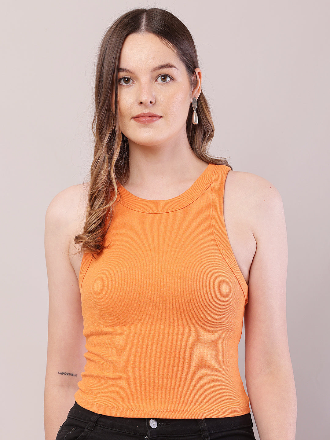 Cotton Sleeveless with Round Neck Orange Top