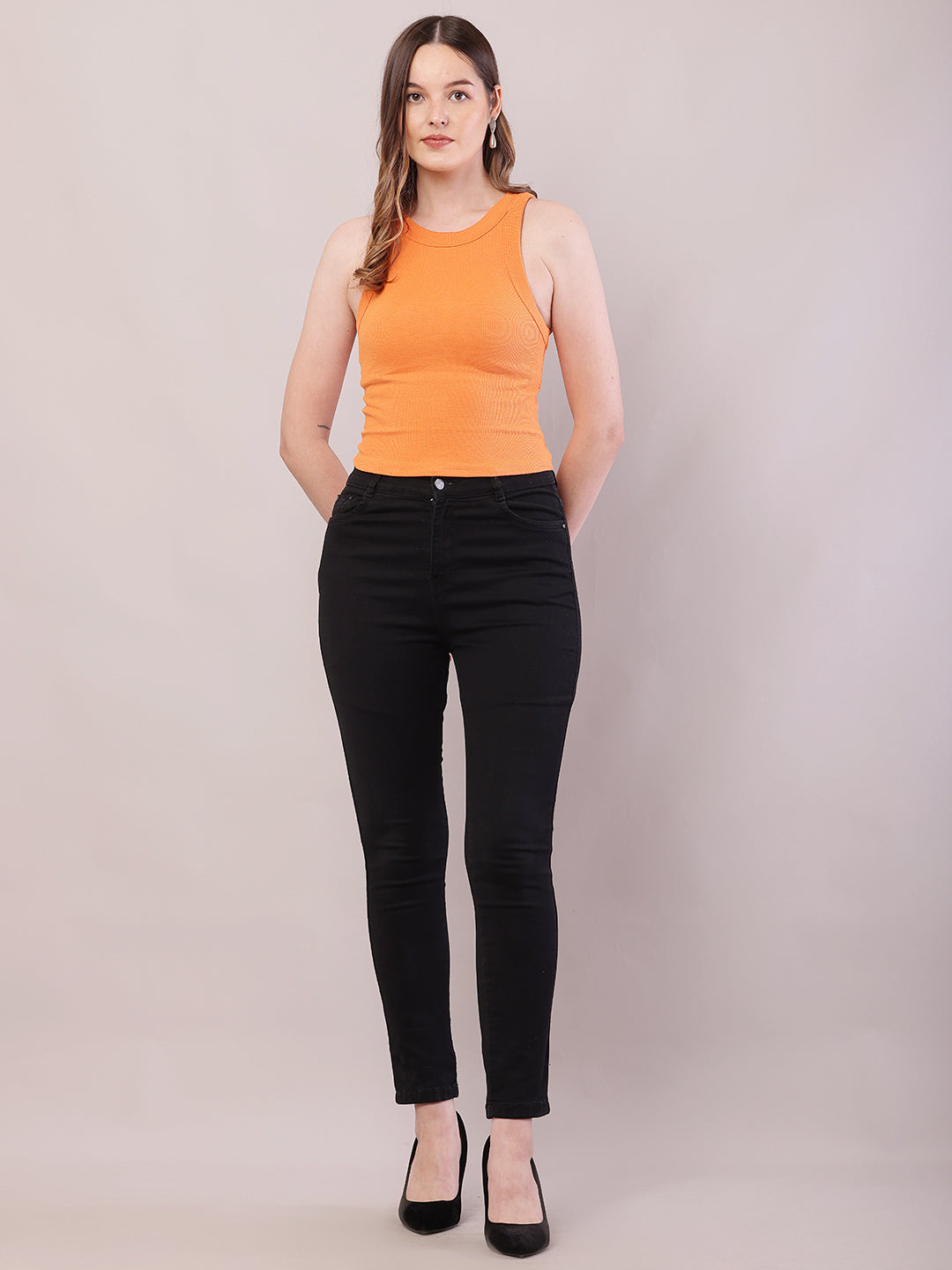 Cotton Sleeveless with Round Neck Orange Top
