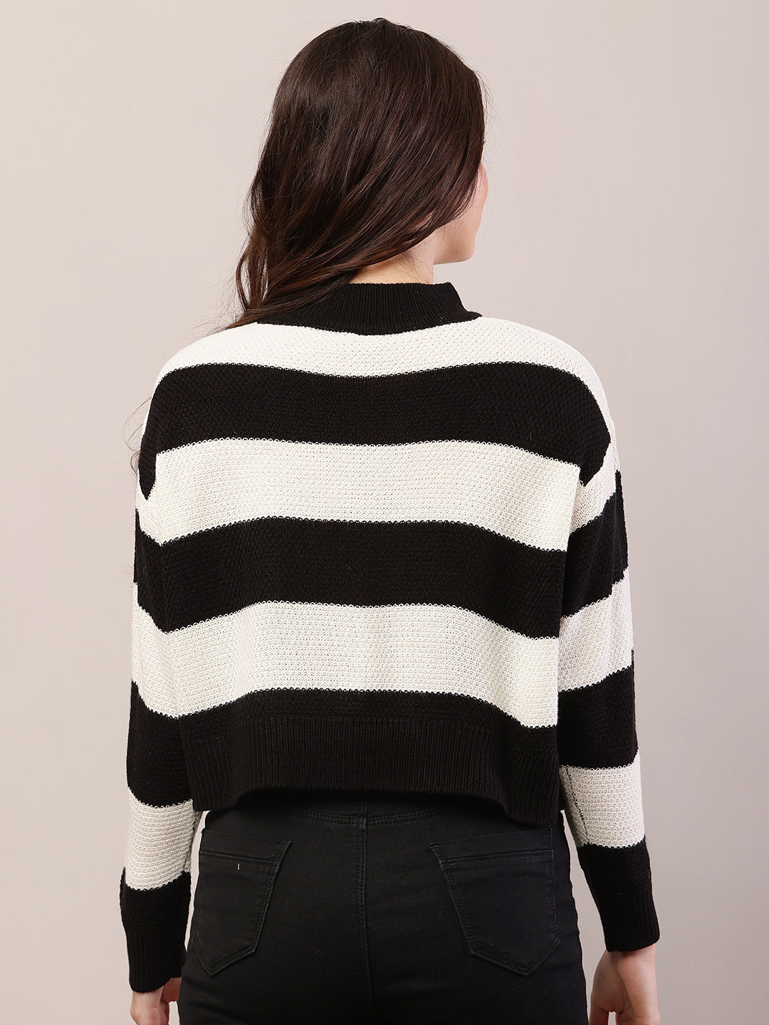 Acrylic Full Sleeve with Turtle Neck Striped Black and White Sweater