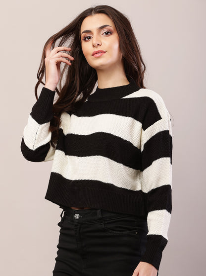Acrylic Full Sleeve with Turtle Neck Striped Black and White Sweater