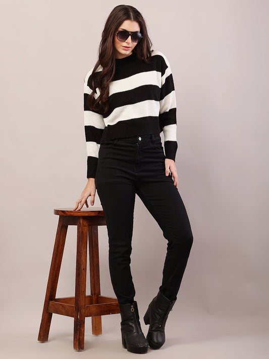 Acrylic Full Sleeve with Turtle Neck Striped Black and White Sweater