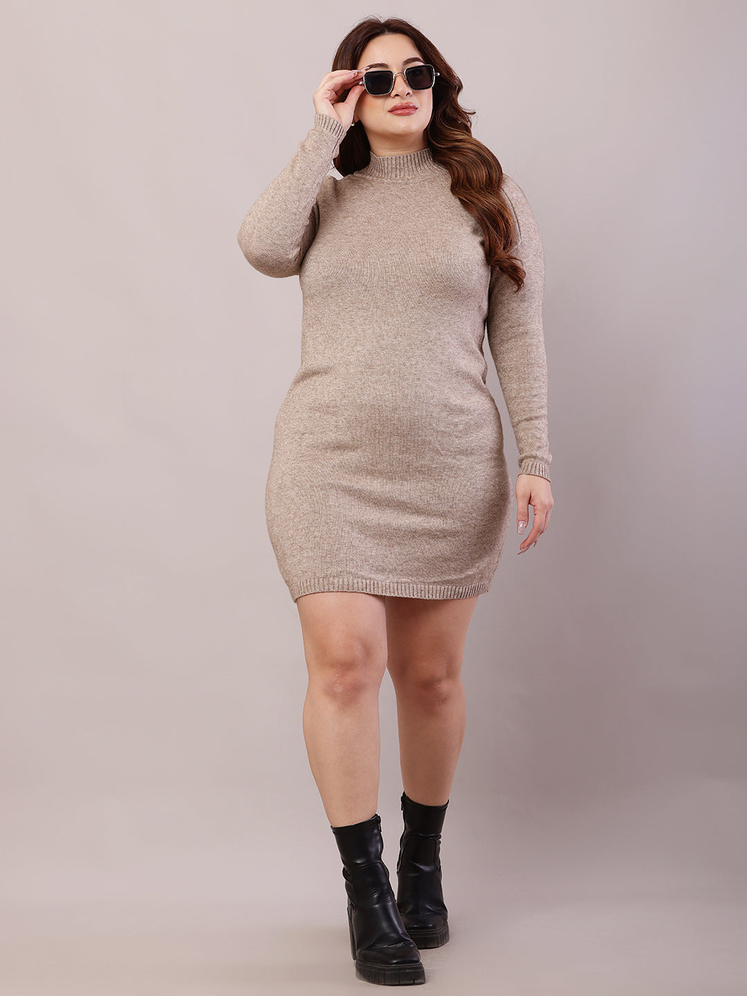 Acrylic Full Sleeve with Turtle Neck Beige Bodycon Dress