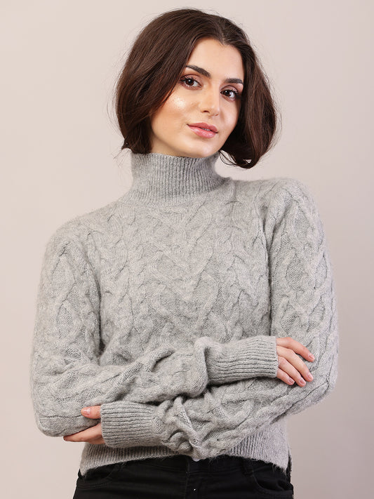 Acrylic Full Sleeve High-Neck Cable Knit Grey Sweater