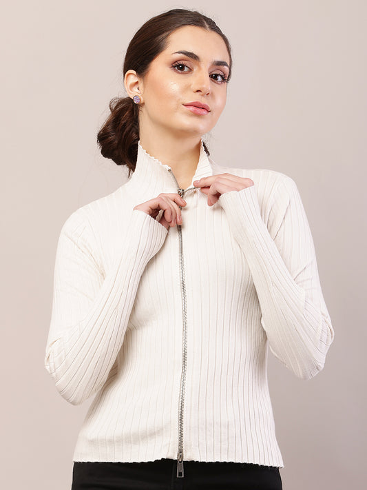 Viscose Full Sleeve with High-Neck Fitted Ribbed White Sweater