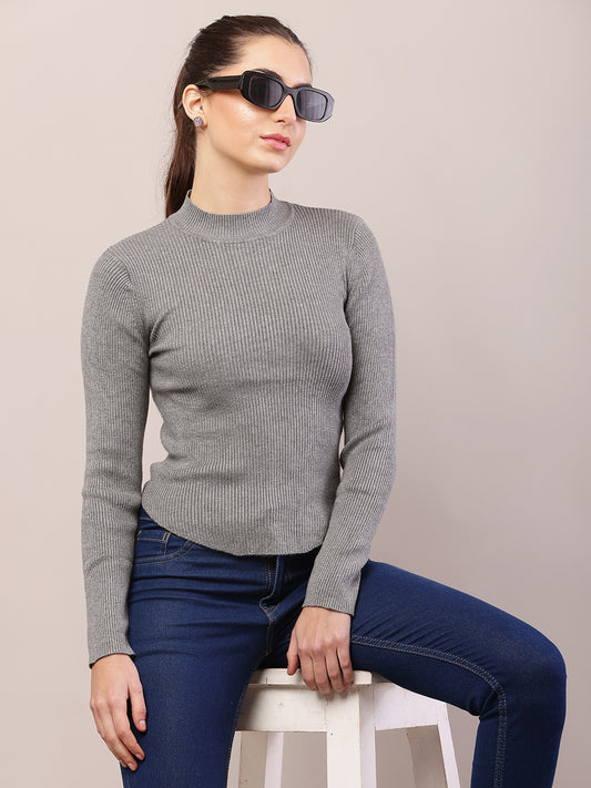 Viscose Full Sleeve with Turtle Neck Ribbed Grey Sweater