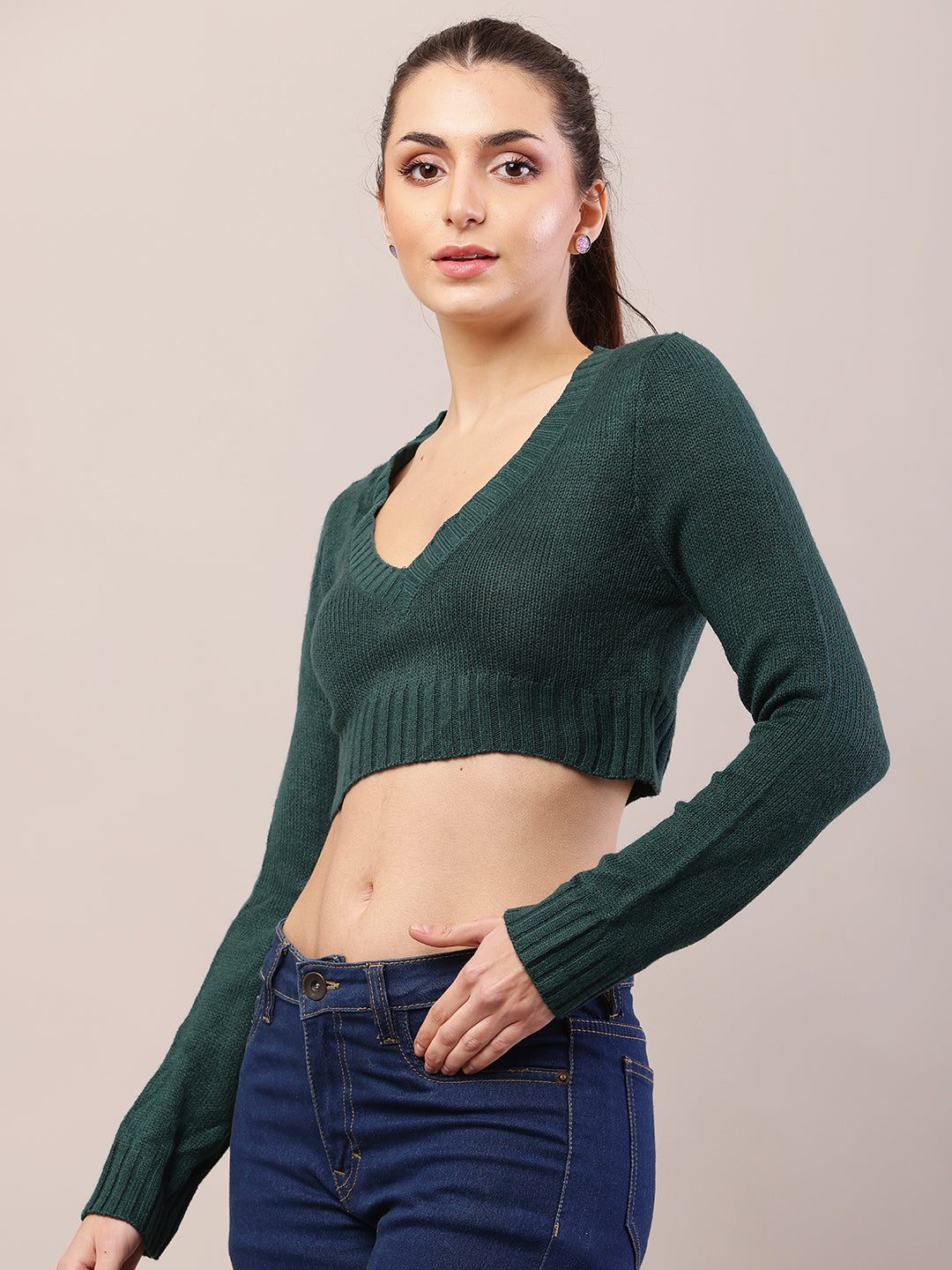 Polyester Full Sleeve with V-Neck Cropped Dark Green Sweater