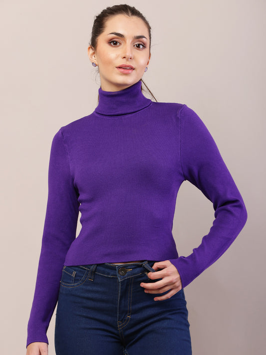 Viscose Full Sleeve with High-Neck Purple Sweater