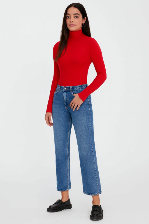Viscose Full Sleeve with High-Neck Red Sweater