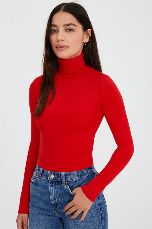 Viscose Full Sleeve with High-Neck Red Sweater