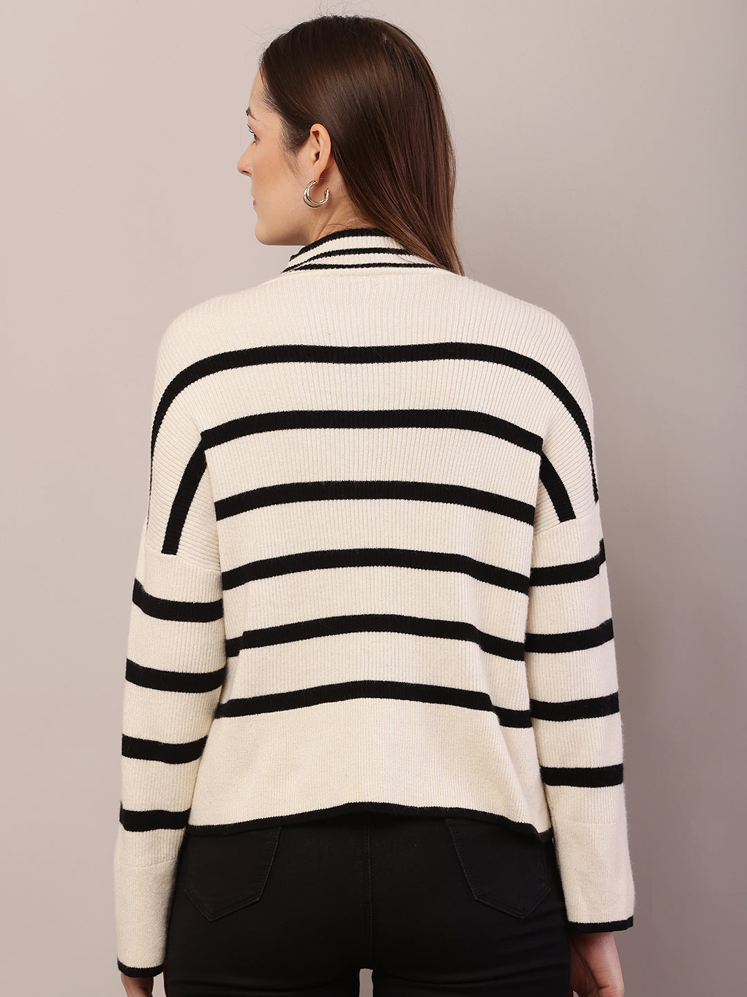 Acrylic High-Neck Full Sleeve Striped Cream and Black Sweater
