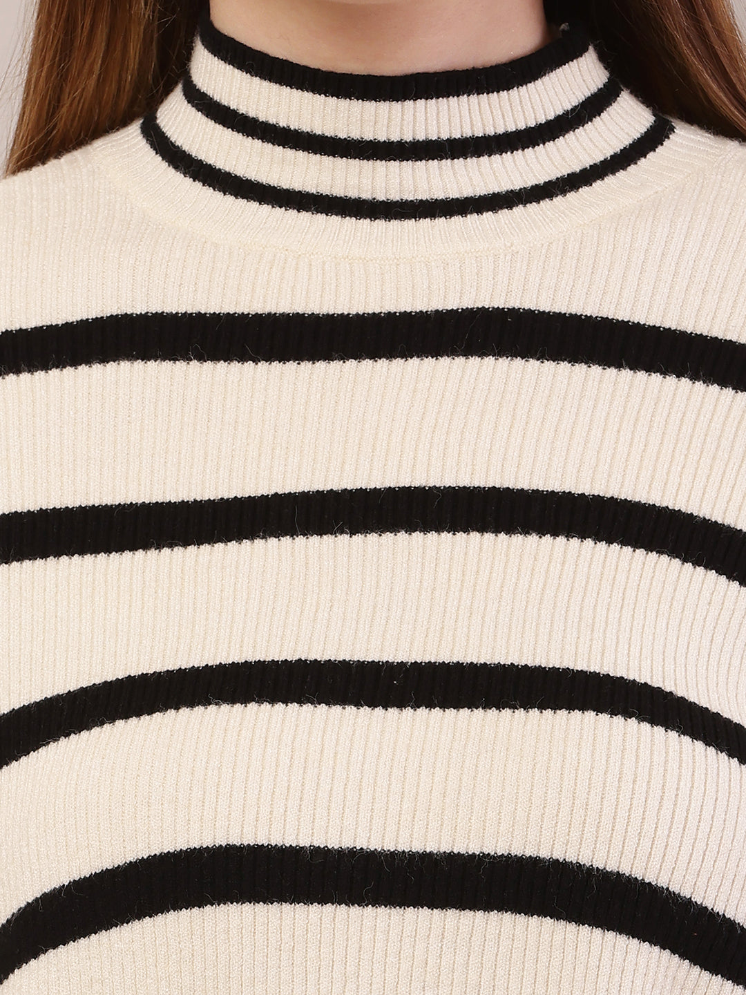 Acrylic High-Neck Full Sleeve Striped Cream and Black Sweater