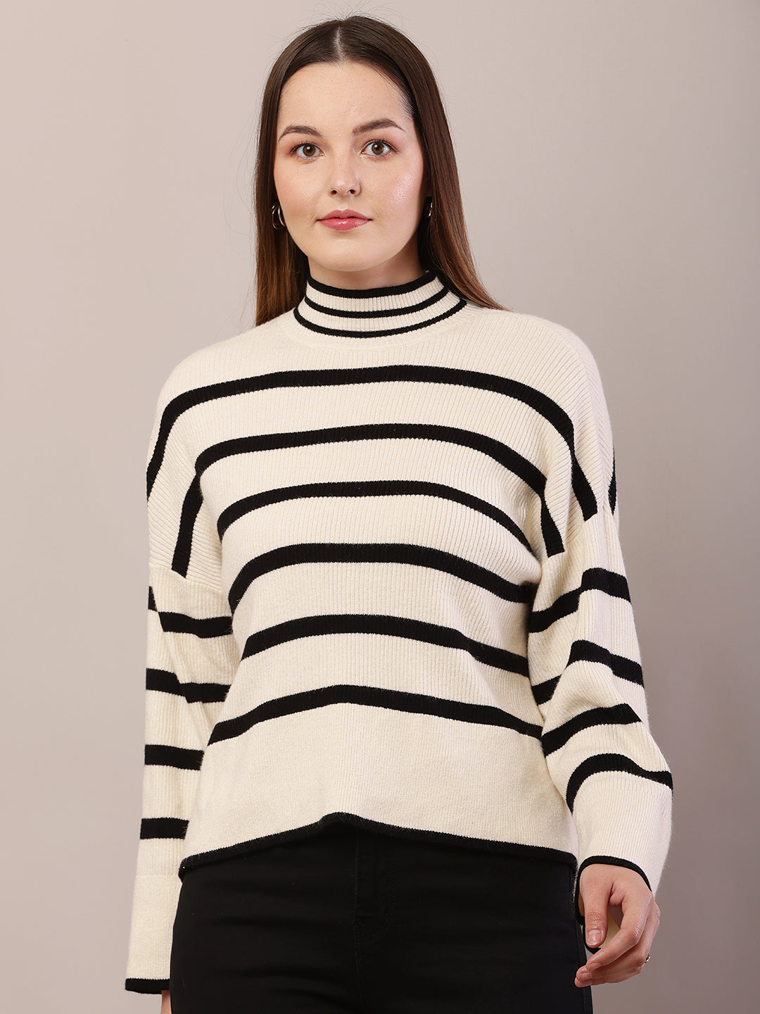 Acrylic High-Neck Full Sleeve Striped Cream and Black Sweater