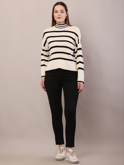 Acrylic High-Neck Full Sleeve Striped Cream and Black Sweater
