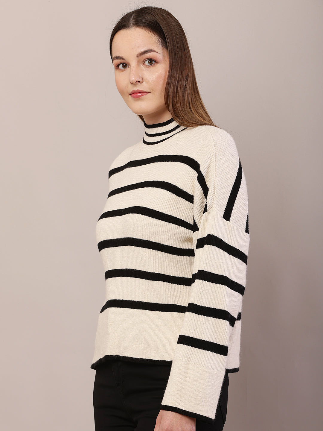 Acrylic High-Neck Full Sleeve Striped Cream and Black Sweater