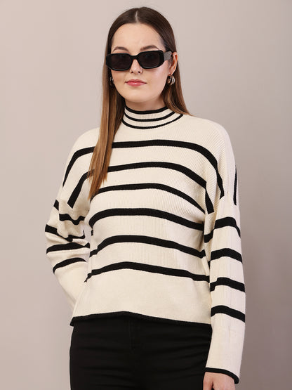 Acrylic High-Neck Full Sleeve Striped Cream and Black Sweater