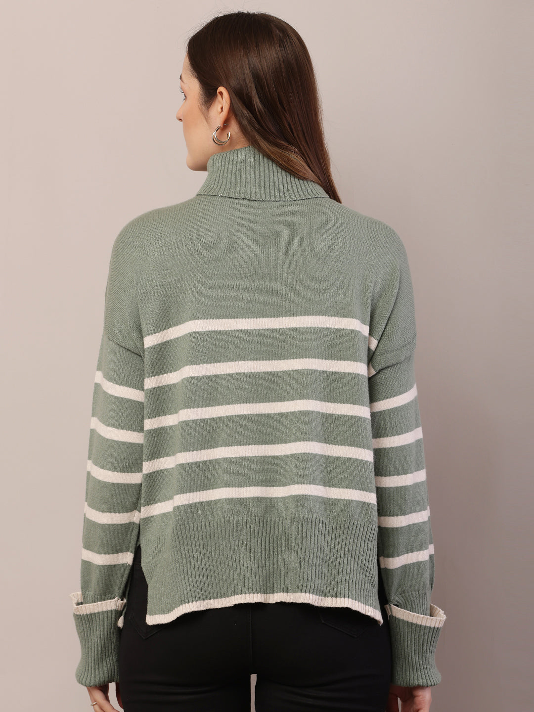 Acrylic Full Sleeve with High Neck Striped Green Sweater