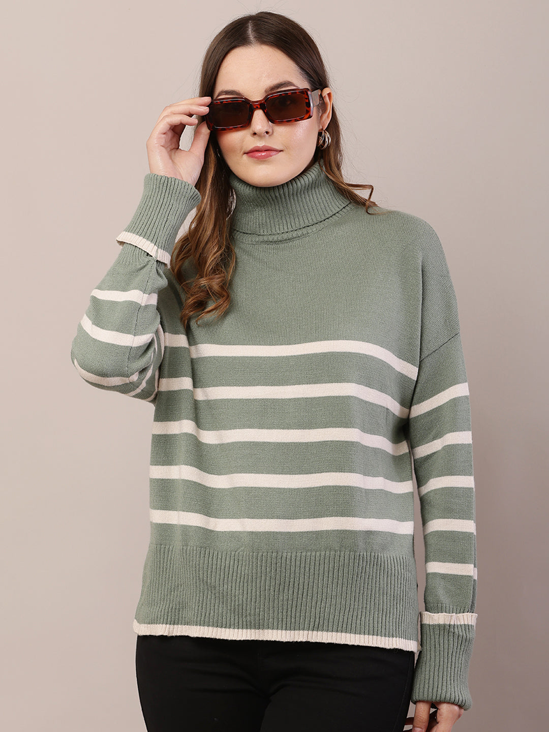 Acrylic Full Sleeve with High Neck Striped Green Sweater