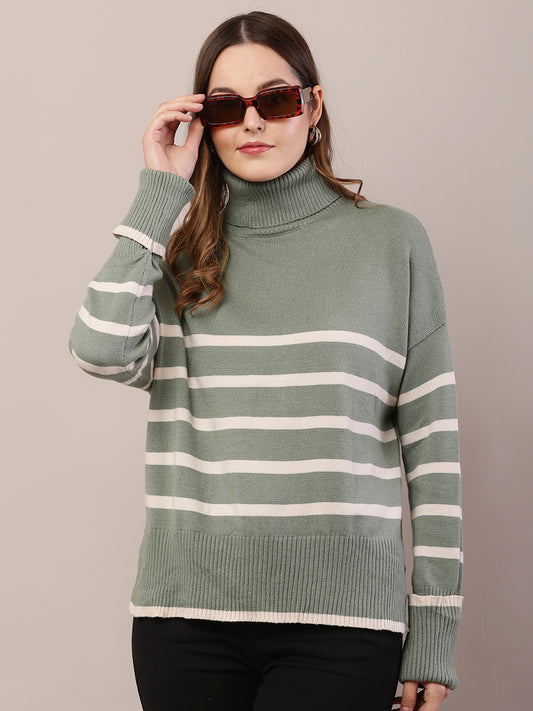 Acrylic Full Sleeve with High Neck Striped Green Sweater