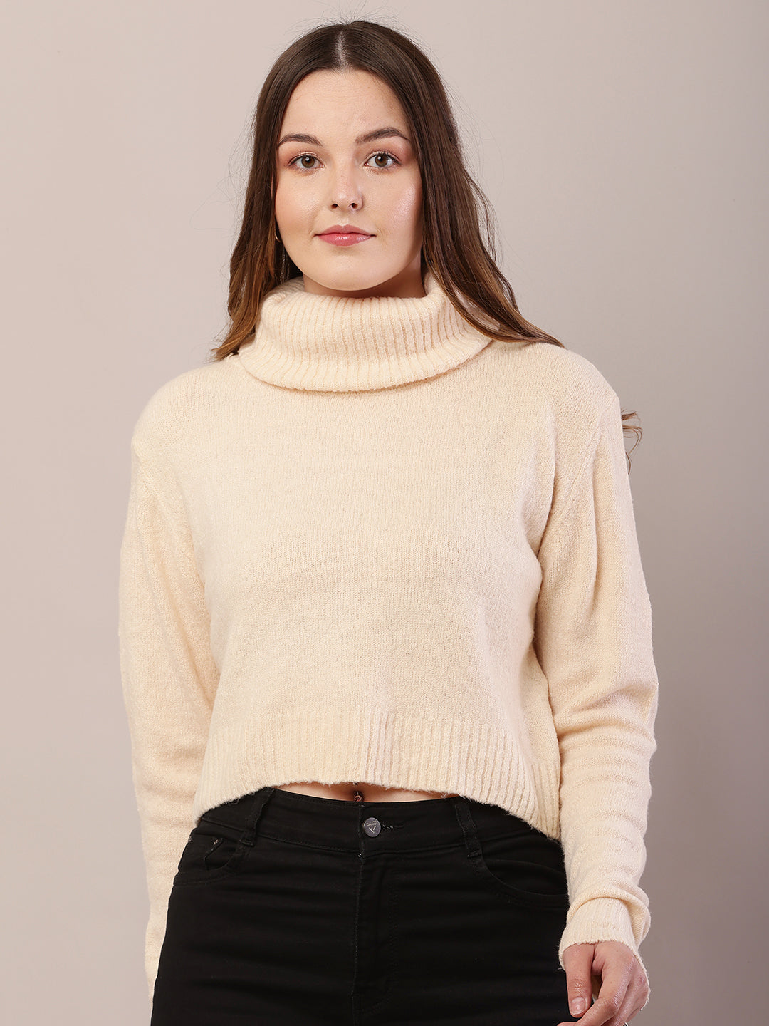 Acrylic Full Sleeve with High-Neck Dark Cream Sweater