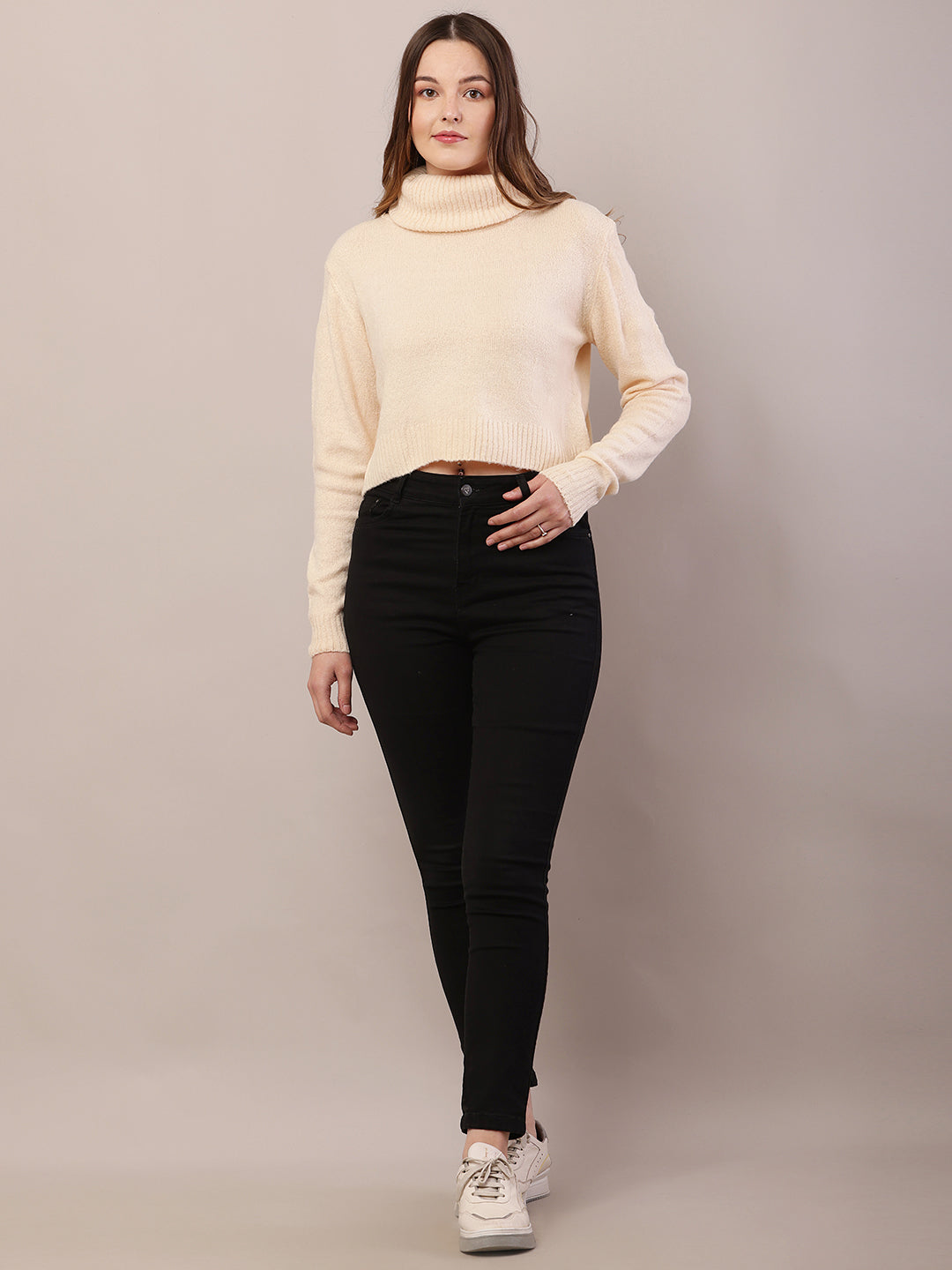 Acrylic Full Sleeve with High-Neck Dark Cream Sweater