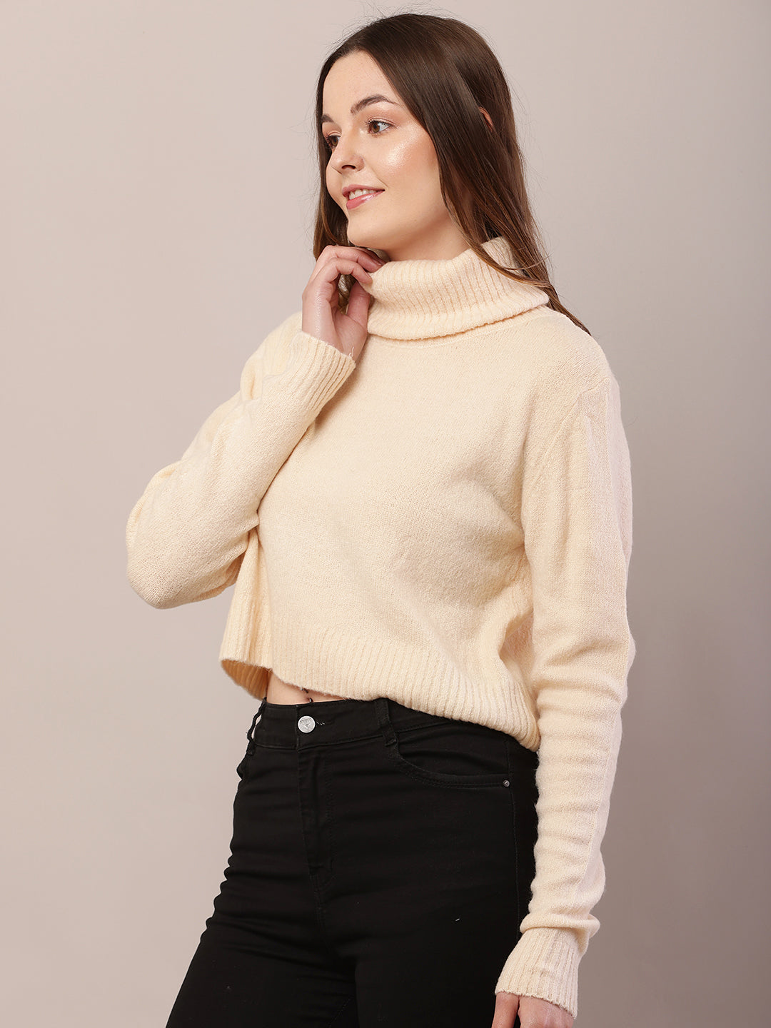 Acrylic Full Sleeve with High-Neck Dark Cream Sweater