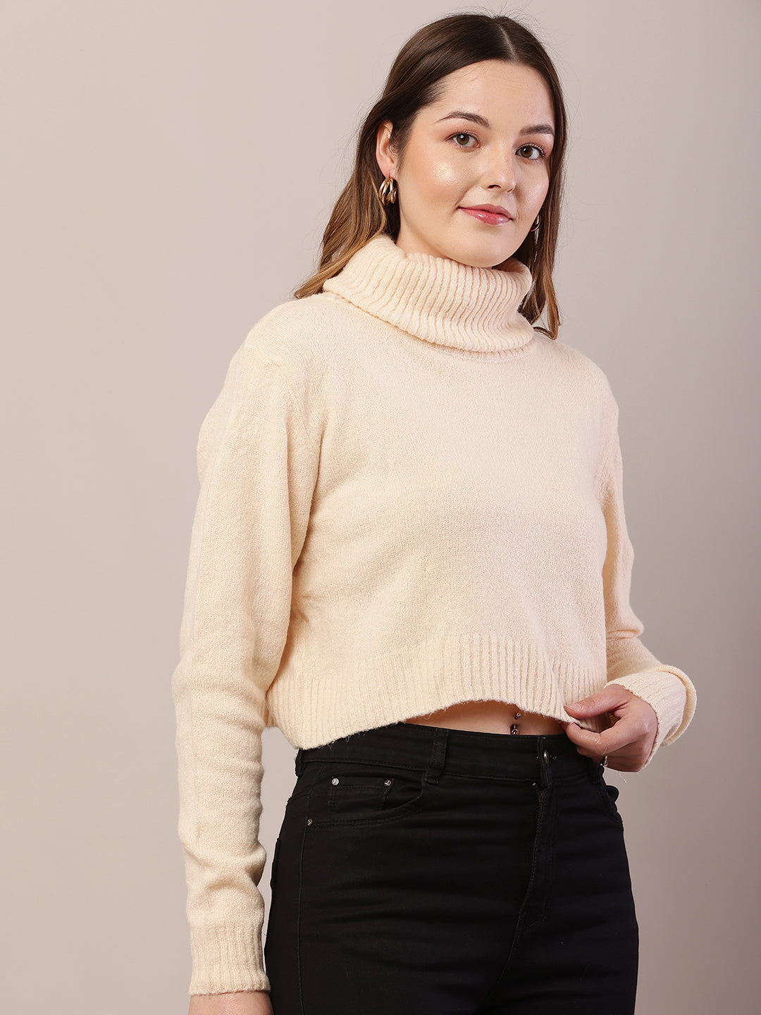 Acrylic Full Sleeve with High-Neck Dark Cream Sweater