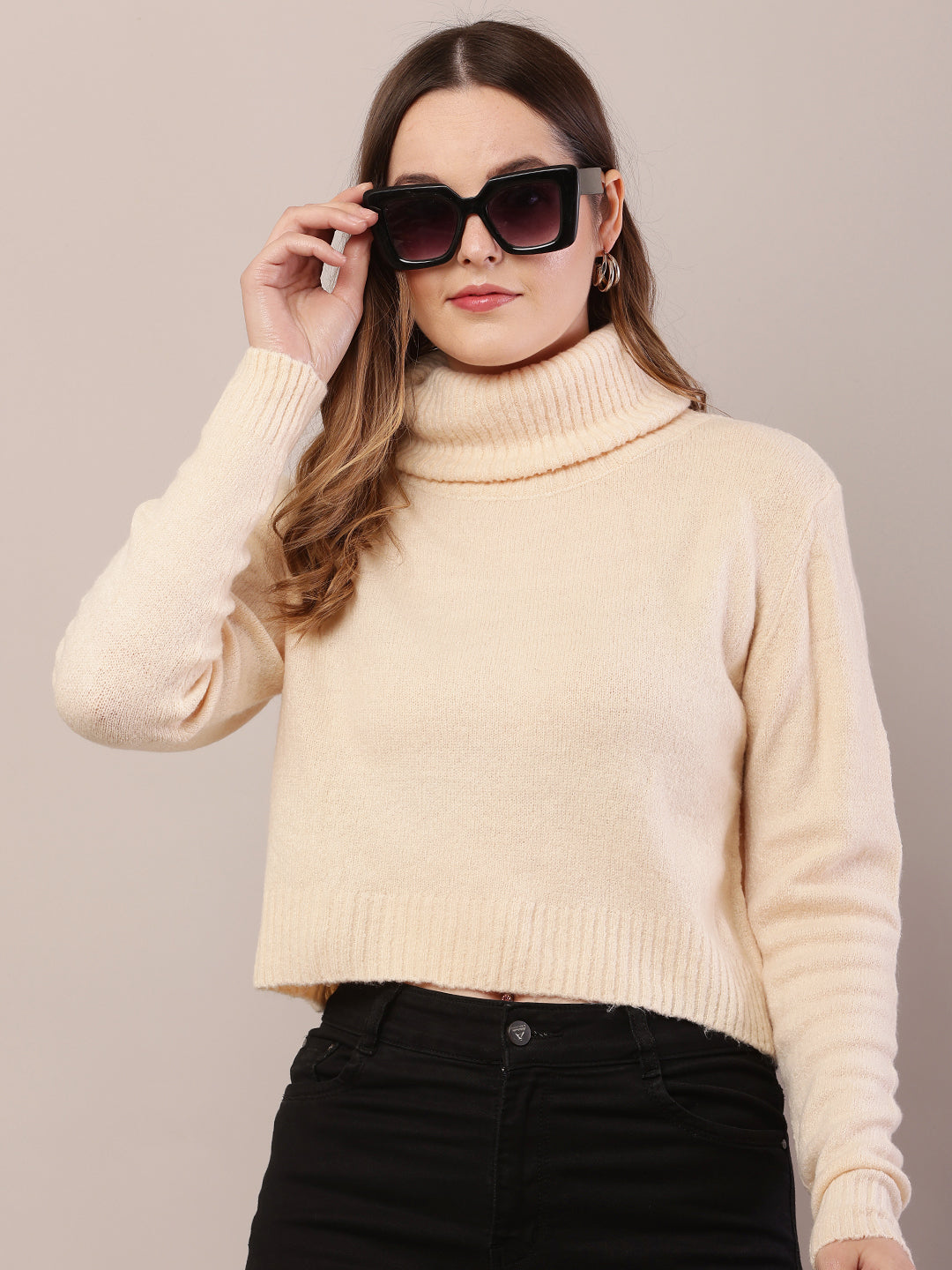 Acrylic Full Sleeve with High-Neck Dark Cream Sweater