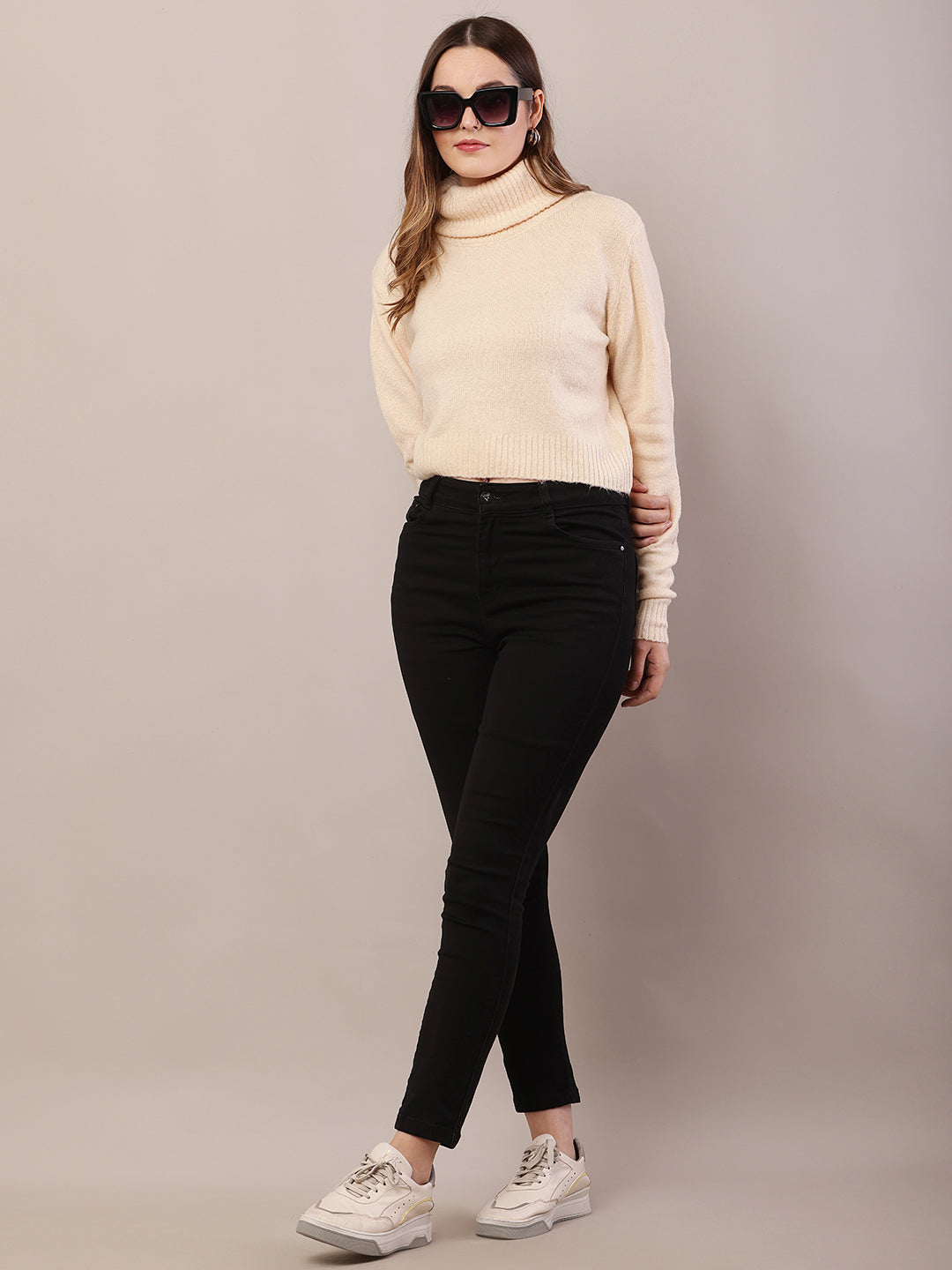 Acrylic Full Sleeve with High-Neck Dark Cream Sweater