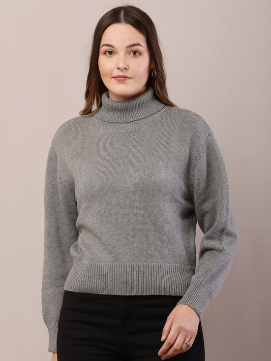 Acrylic Full Sleeve with High-Neck Grey Sweater