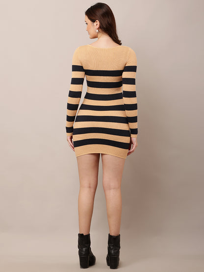 Viscose Round Neck with Full Sleeve Striped Brown Bodycon Dress