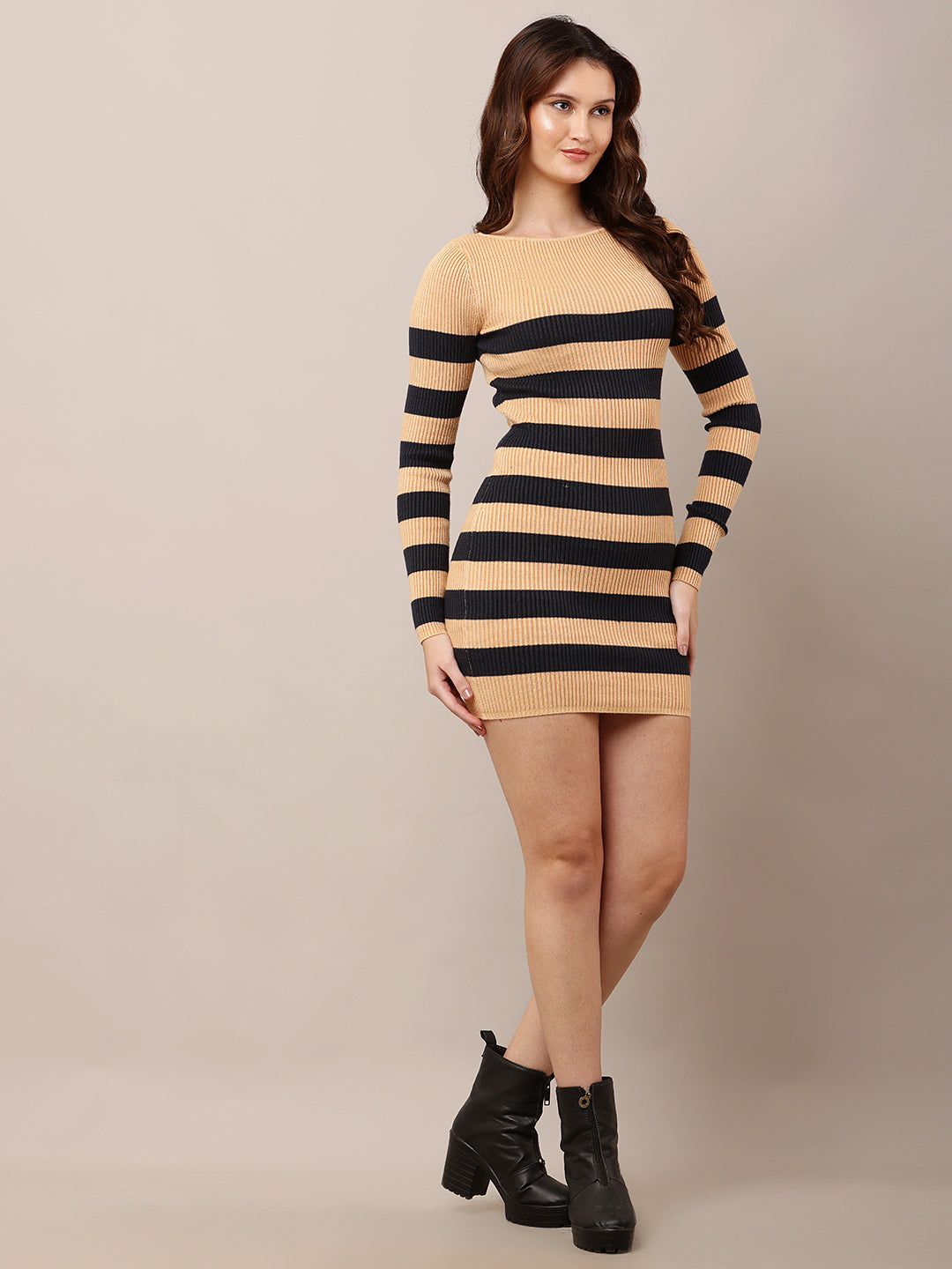 Viscose Round Neck with Full Sleeve Striped Brown Bodycon Dress