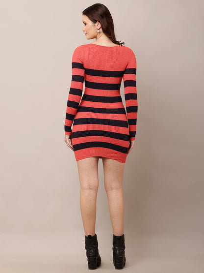 Viscose Round Neck with Full Sleeve Striped Red Bodycon Dress
