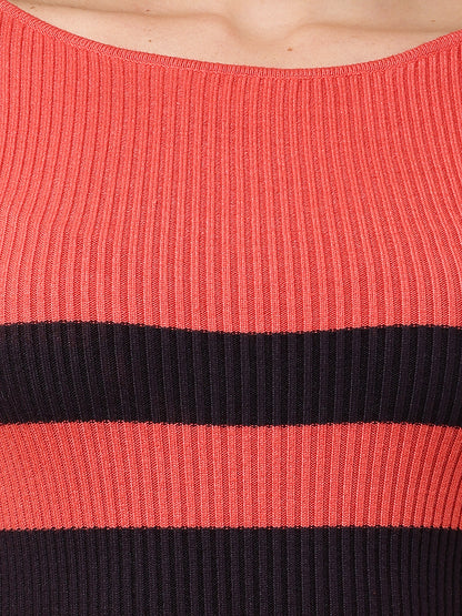 Viscose Round Neck with Full Sleeve Striped Red Bodycon Dress