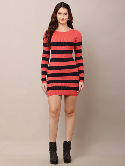Viscose Round Neck with Full Sleeve Striped Red Bodycon Dress