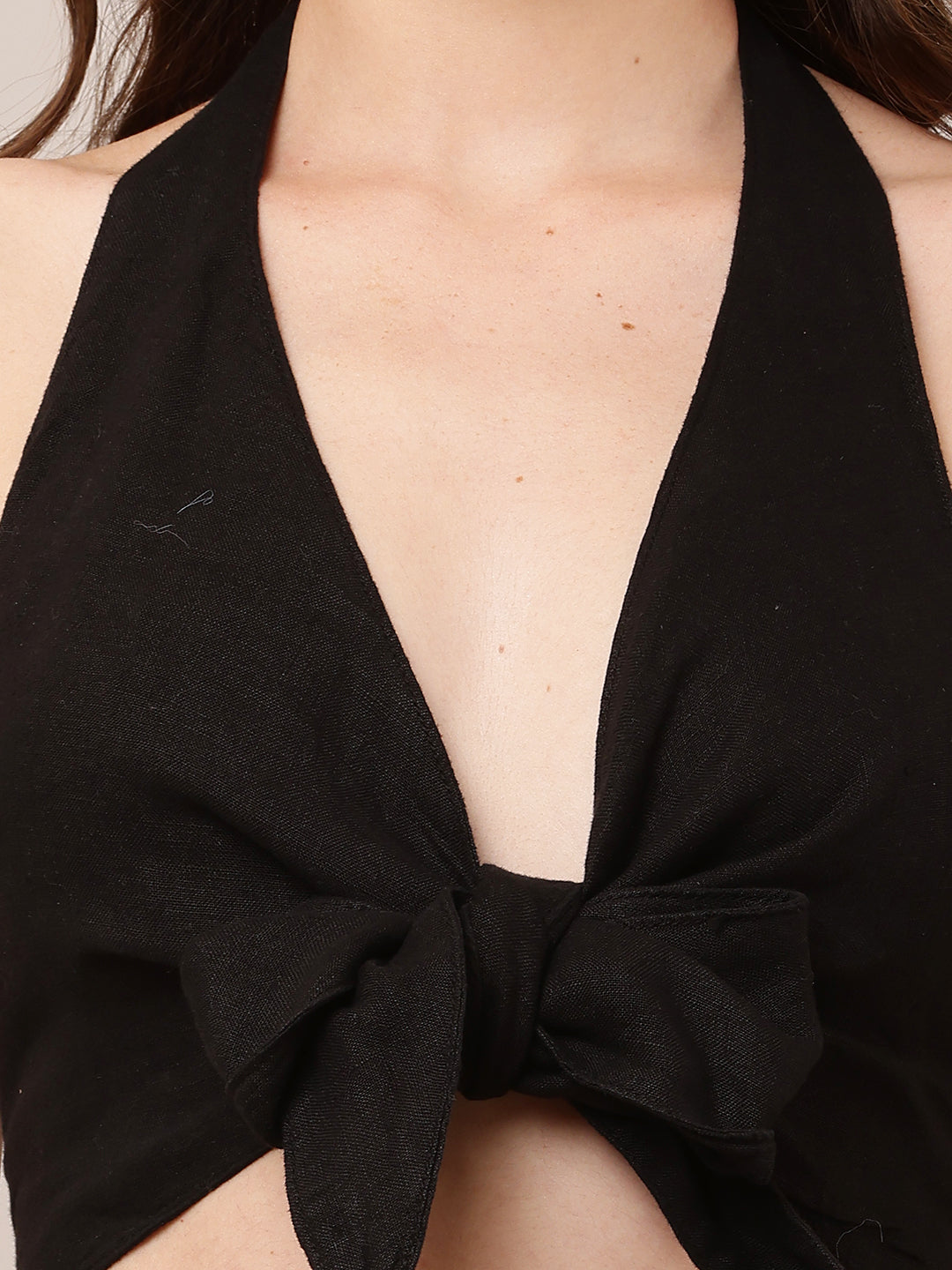 Cotton V- neck Sleeveless front knot Black Halter Crop Top