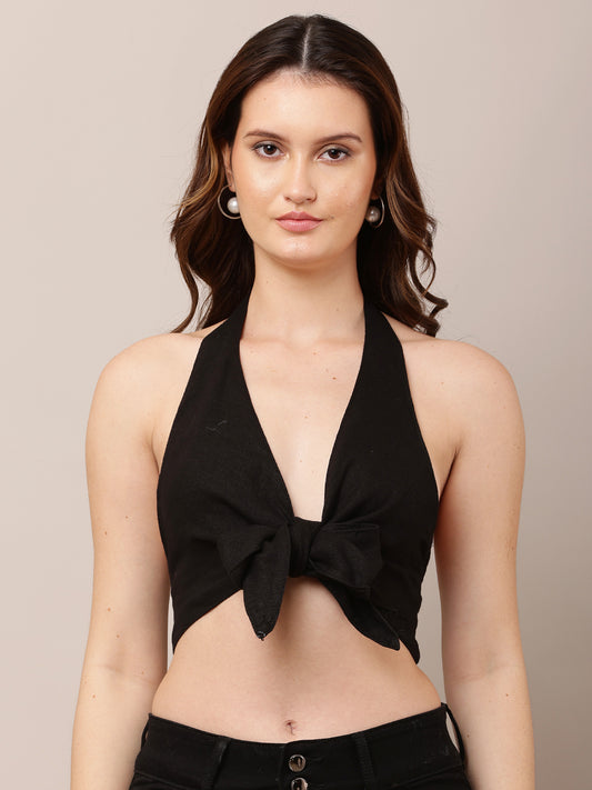 Cotton V- neck Sleeveless front knot Black Halter Crop Top