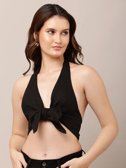Cotton V- neck Sleeveless front knot Black Halter Crop Top