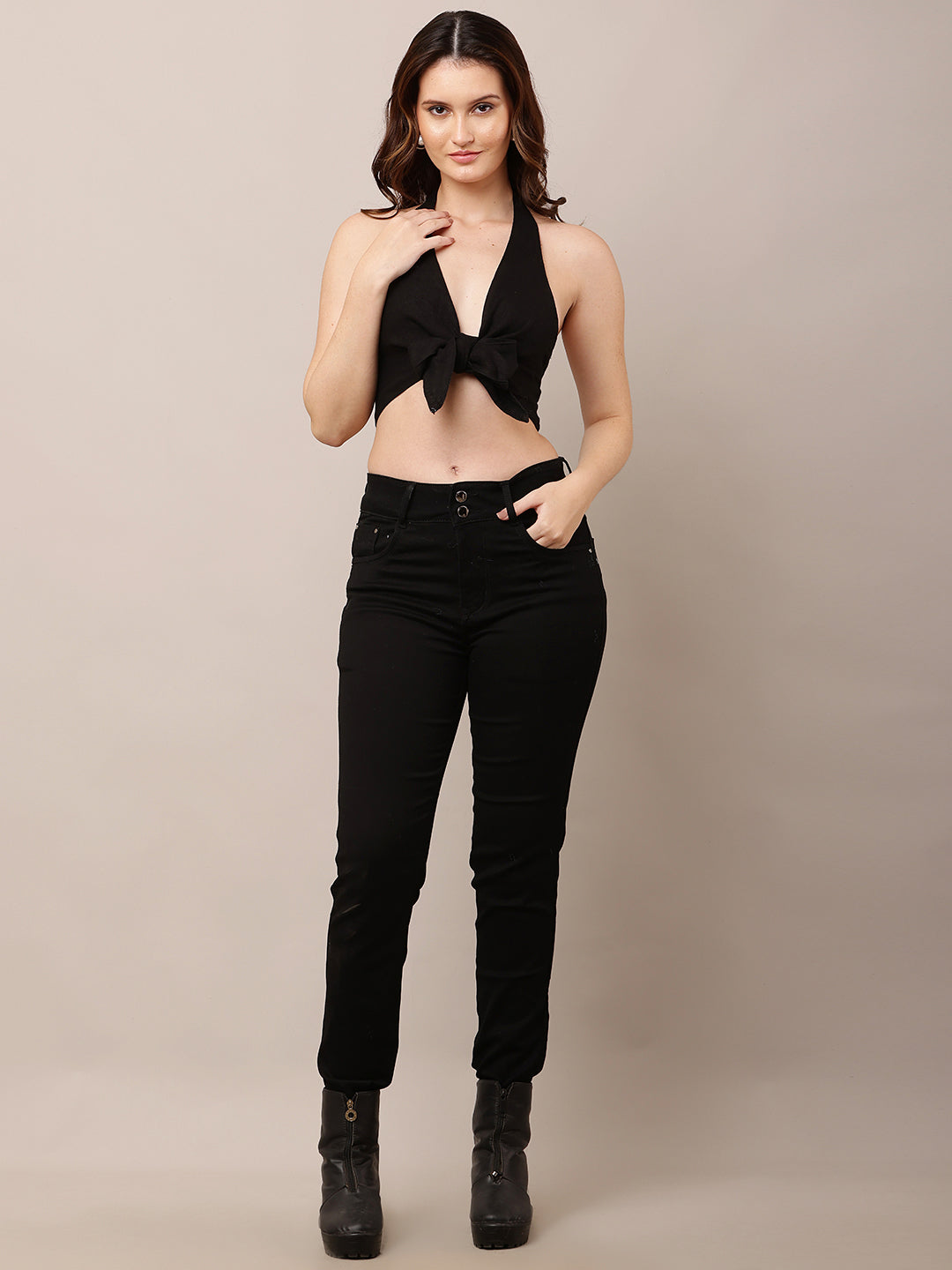 Cotton V- neck Sleeveless front knot Black Halter Crop Top